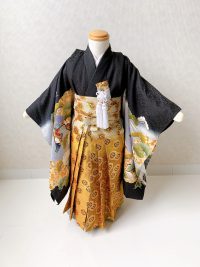 仕立て直したお宮参りの衣裳に七五三用の袴を着付けた完成写真。レンタルフルセットの三つ身四つ身と違い羽織がない