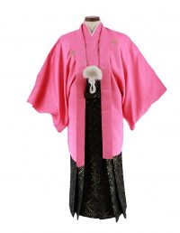 鮮やかなピンクの紋付き羽織袴。あまり人気は高くないが、会場で目立ちそうなカラー