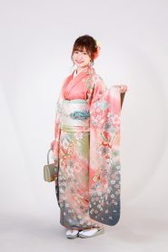 淡いピンク～グレーぼかし地に蝶と桜が描かれた振袖