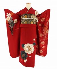赤地で背面クリーム・ベージュ黒の八重桜[身長159cmまで]No.1054